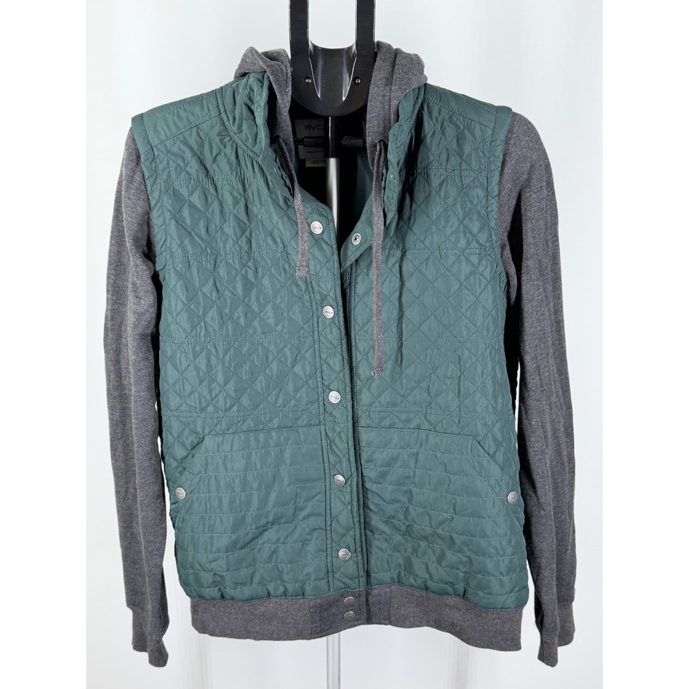 RVCA Womens XL Green Quilted Hooded Jacket Grey Sleeve Snap Front Hybrid Coat